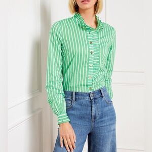 Talbots Ruffle Green Nautical Striped Blouse Shirt Size XL
